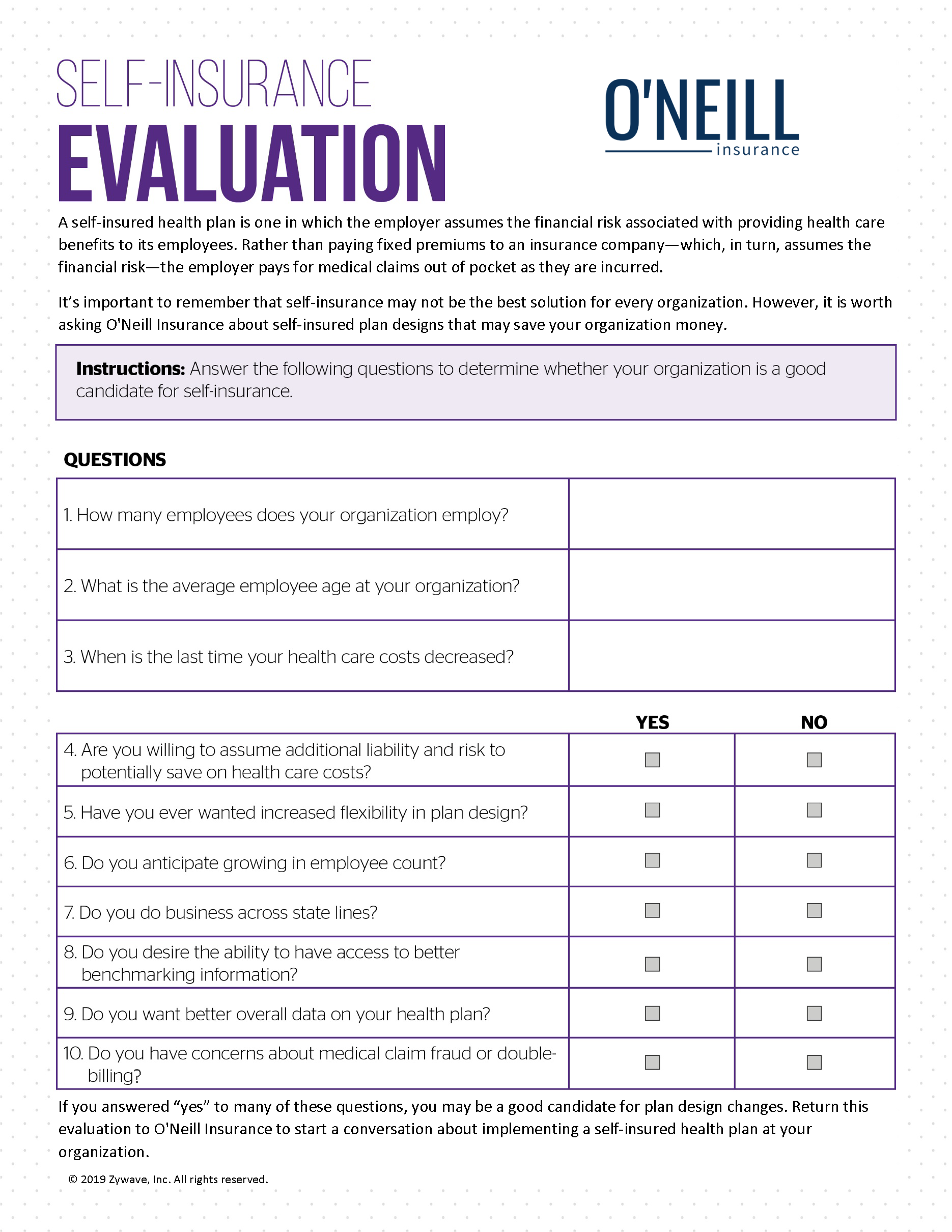 Self insured evaluation form